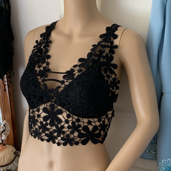 Black lace bra top crop bustier bralette flower cami - Picture 3 of 12